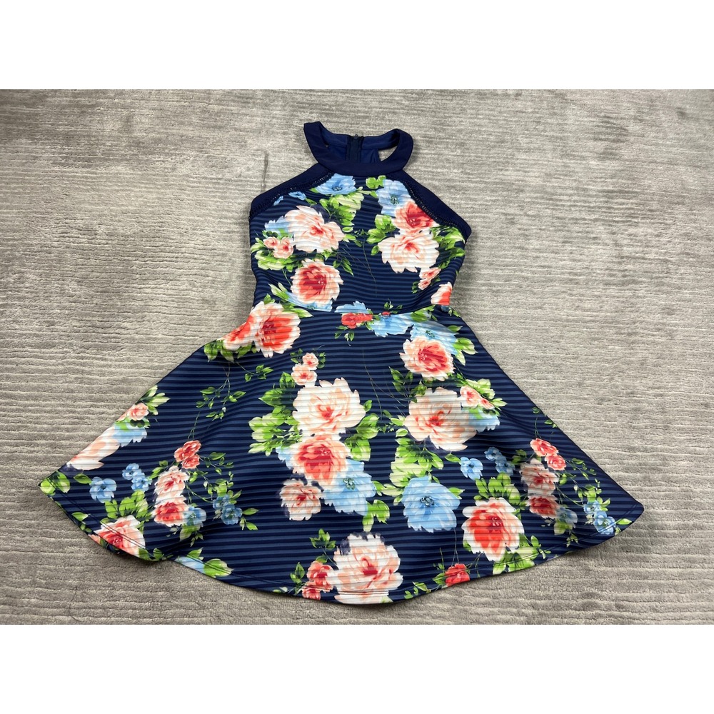 Midnight Doll Dress Girls 7 Navy Floral Halter Fit & Flare MYA13730I Ribbed